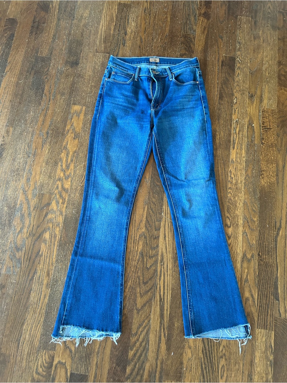 MOTHER Blue Denim Flare Jeans with Frayed Hem